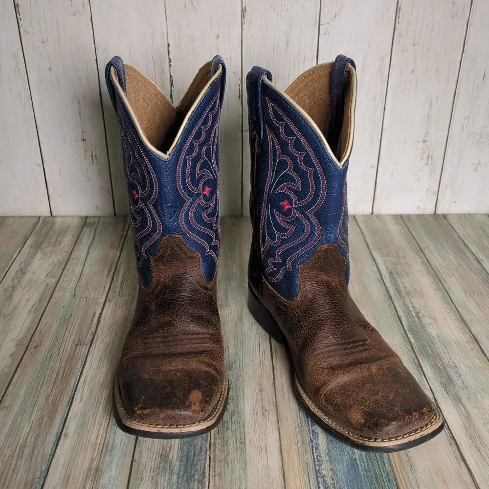 Ariat Quickdraw Brown Blue Red Leather Western Boots Kids 4.5 Cowboy Rodeo USA